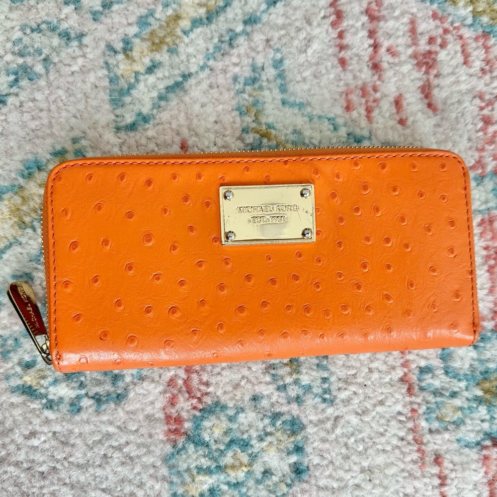 Michael Kors Orange Ostrich Embossed Leather Zip Around Wallet